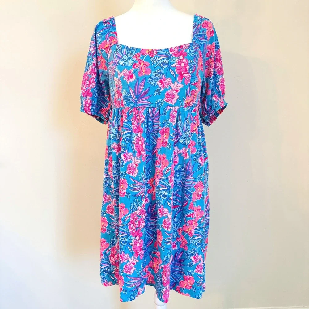Lilly Pulitzer Floral Cotton Dress‎ Size 8 Blue Pink Tropical Puff Sleeve Resort